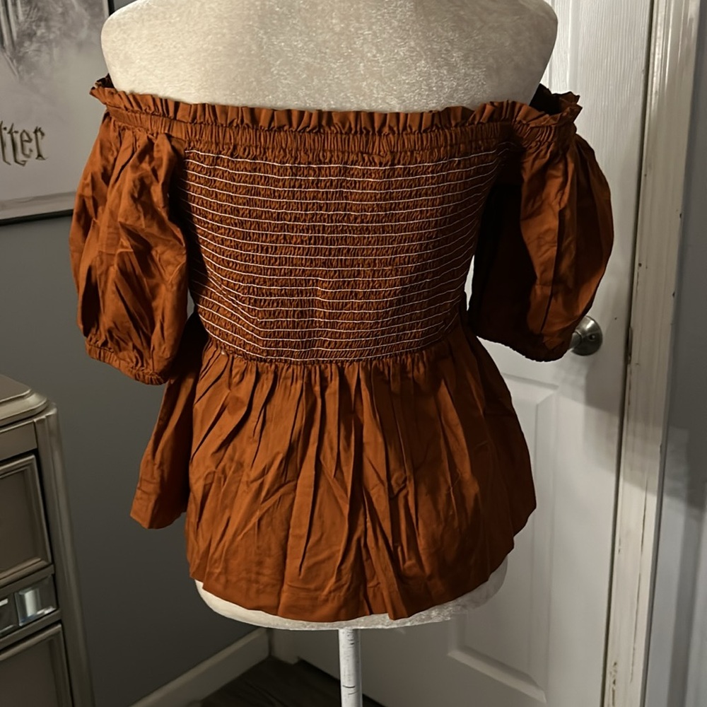Rusty Colored Stretchy Puffer Sleeve Flowy Top - Picture 2 of 5